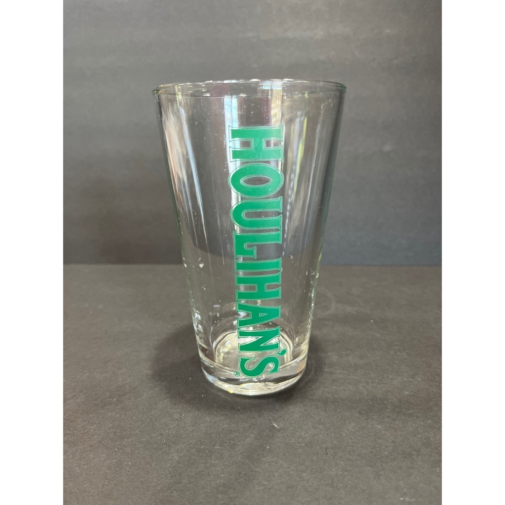 Houlihan's Restaurant Bar Clear Pint Glass Green Vertical Logo Libbey Barware
